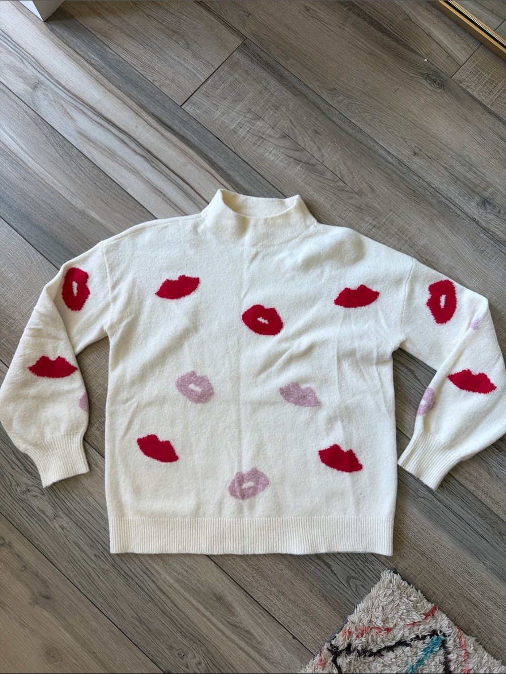 LOFT Cream Cowl-Neck Sweater with Pink and Red Lip Print